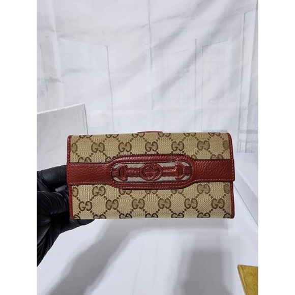 Authentic Gucci GG Canvas and Leather Continental Wallet Beige/Burgundy - Picture 1 of 16